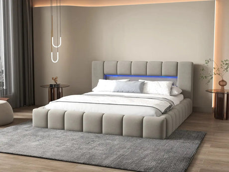 Pat dormitor dumonde, tapitat gri cu LED si USB, Palermo 140x200 cm, somiera rabatabila inclusa, spatiu depozitare WLS