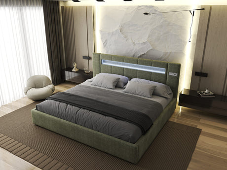 Pat dormitor dumonde, tapitat verde, Glow 180x200 cm, somiera rabatabila inclusa, spatiu depozitare Fabrica