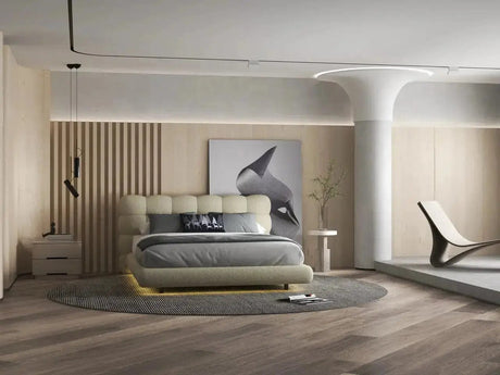 Pat dormitor dumonde, tapitat bej cu LED, "floating bed" Cloud 140x200 cm, somiera inclusa WLS