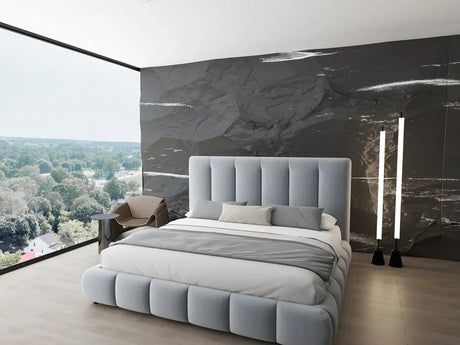 Pat dormitor dumonde, tapitat gri, Divaneo 140x200 cm, somiera rabatabila inclusa, spatiu depozitare WLS