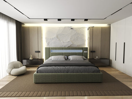 Pat dormitor dumonde, tapitat verde, Glow 180x200 cm, somiera rabatabila inclusa, spatiu depozitare Fabrica