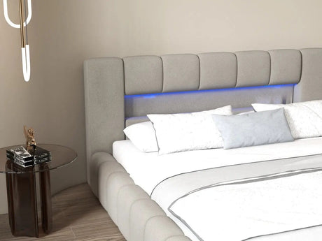 Pat dormitor dumonde, tapitat gri cu LED si USB, Palermo 140x200 cm, somiera rabatabila inclusa, spatiu depozitare WLS