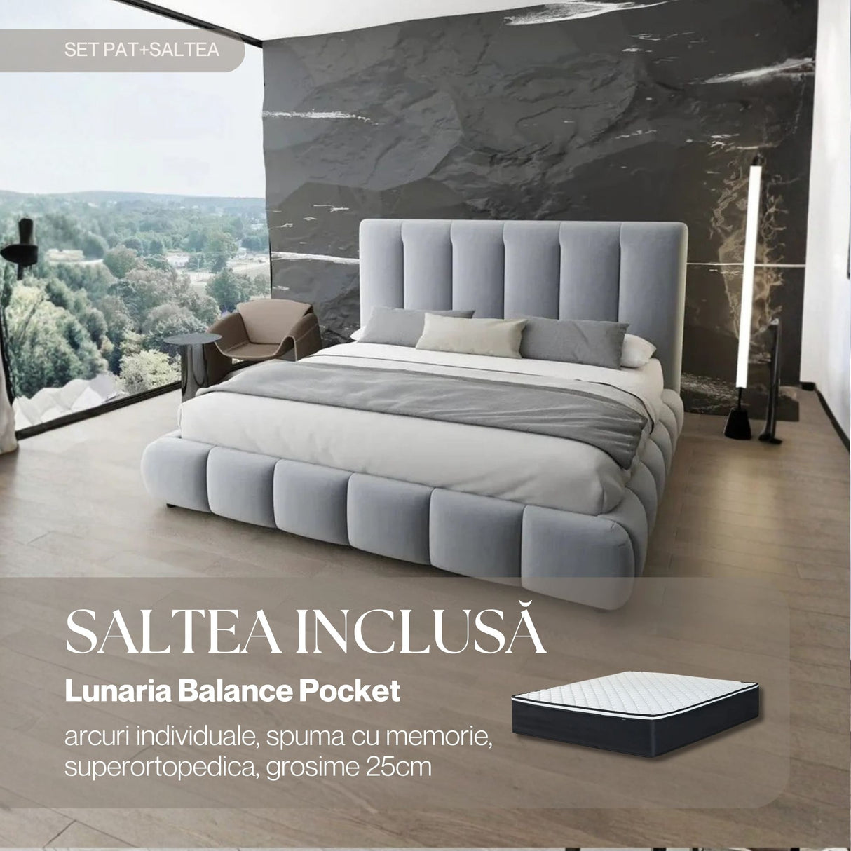 Set Pat dormitor dumonde, tapitat gri, Divaneo 140x200 cm, somiera rabatabila inclusa, spatiu depozitare + saltea lunaria balance pocket WLS