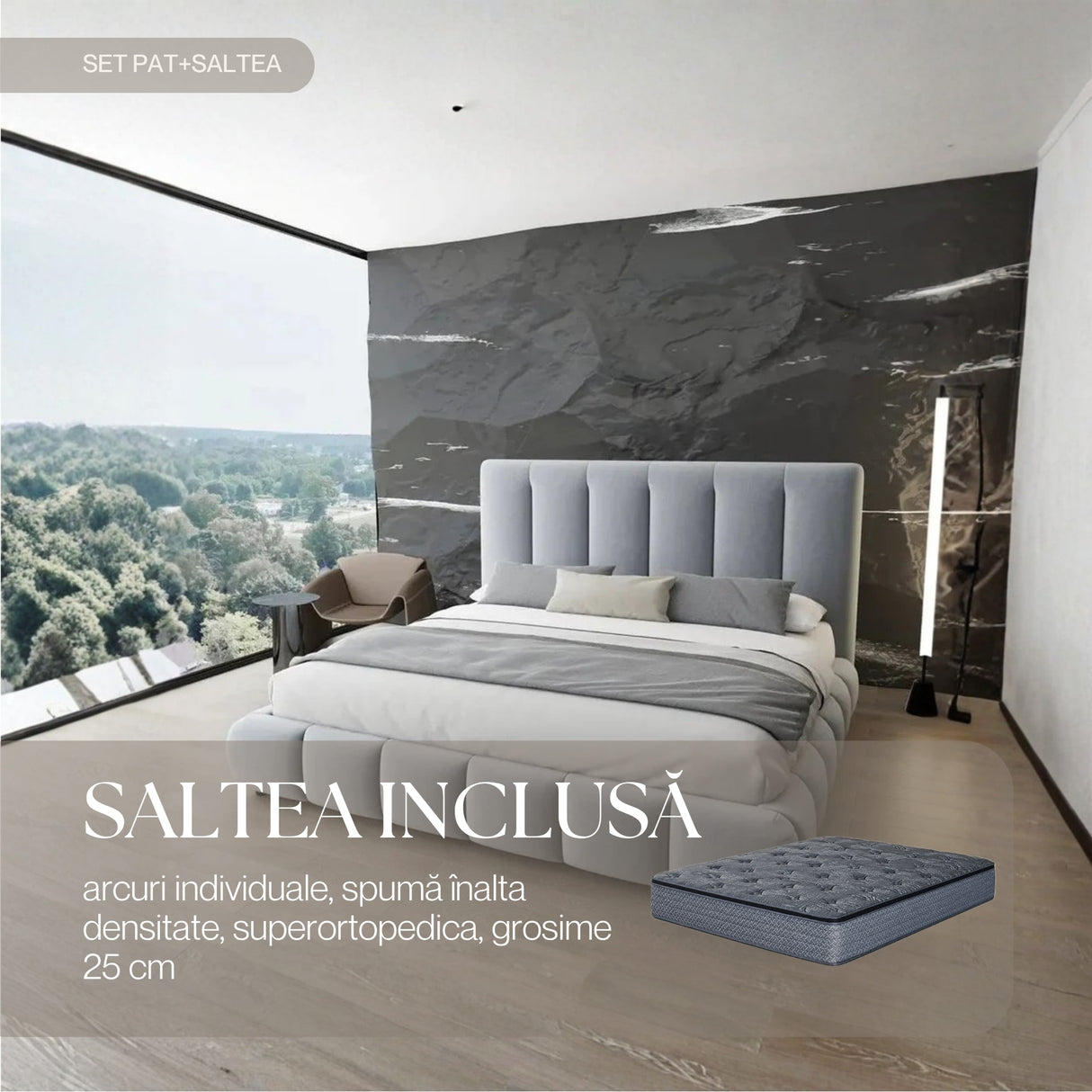 Set Pat dormitor dumonde, tapitat gri, Divaneo 140x200 cm, somiera rabatabila inclusa, spatiu depozitare + saltea