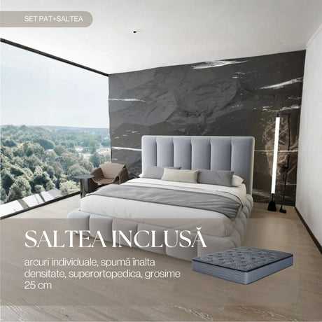Set Pat dormitor dumonde, tapitat gri, Divaneo 140x200 cm, somiera rabatabila inclusa, spatiu depozitare + saltea