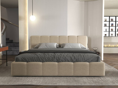 Set Pat dormitor dumonde, tapitat bej, Barcelona 140X200 cm, somiera rabatabila inclusa, spatiu depozitare + saltea