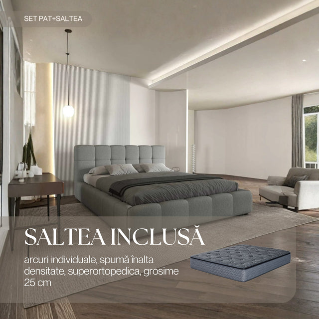 Set Pat dormitor dumonde, tapitat gri, Lorenzo 180X200 cm, somiera rabatabila inclusa, spatiu depozitare + saltea