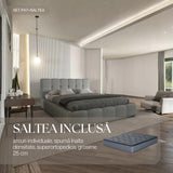 Set Pat dormitor dumonde, tapitat gri, Lorenzo 180x200 cm, somiera rabatabila inclusa, spatiu depozitare + saltea