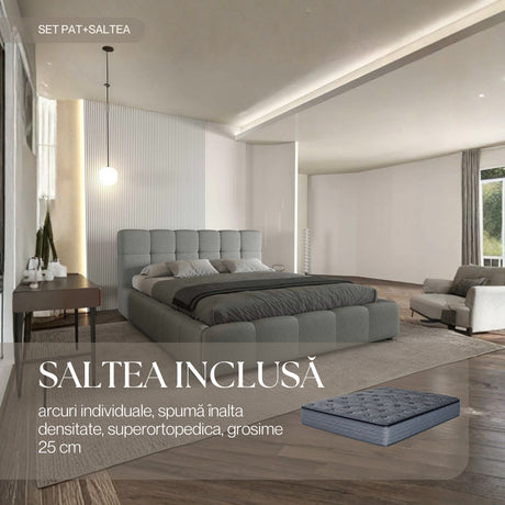 Set Pat dormitor dumonde, tapitat gri, Lorenzo 180x200 cm, somiera rabatabila inclusa, spatiu depozitare + saltea