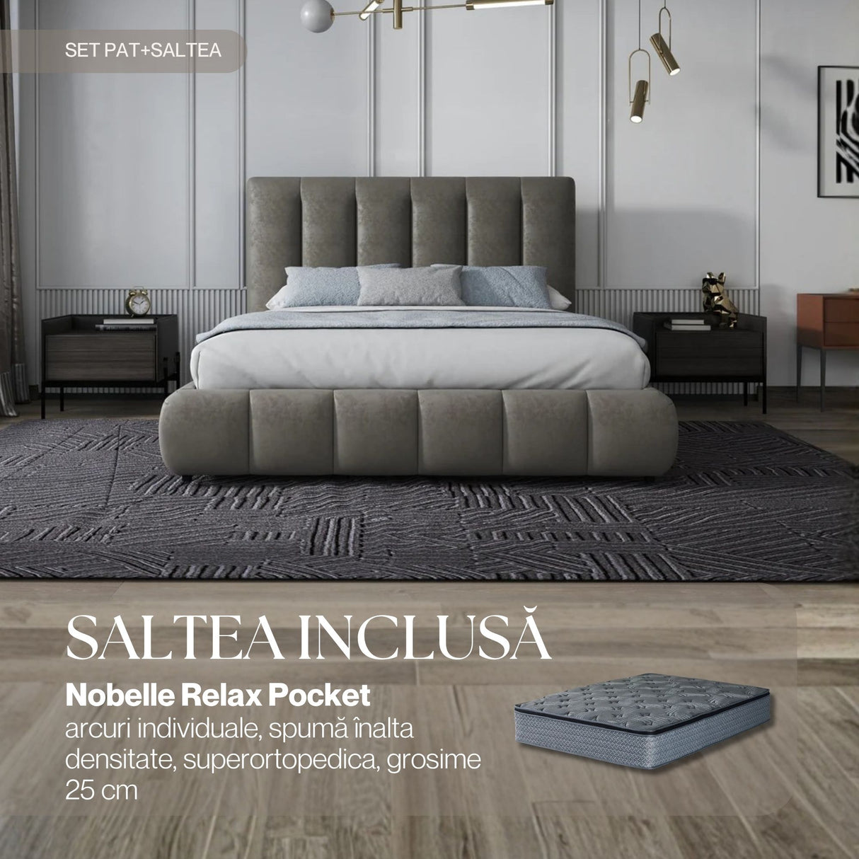 Set Pat dormitor dumonde, tapitat bej, Divaneo 140x200 cm, somiera rabatabila inclusa, spatiu depozitare + saltea nobelle relax pocket WLS
