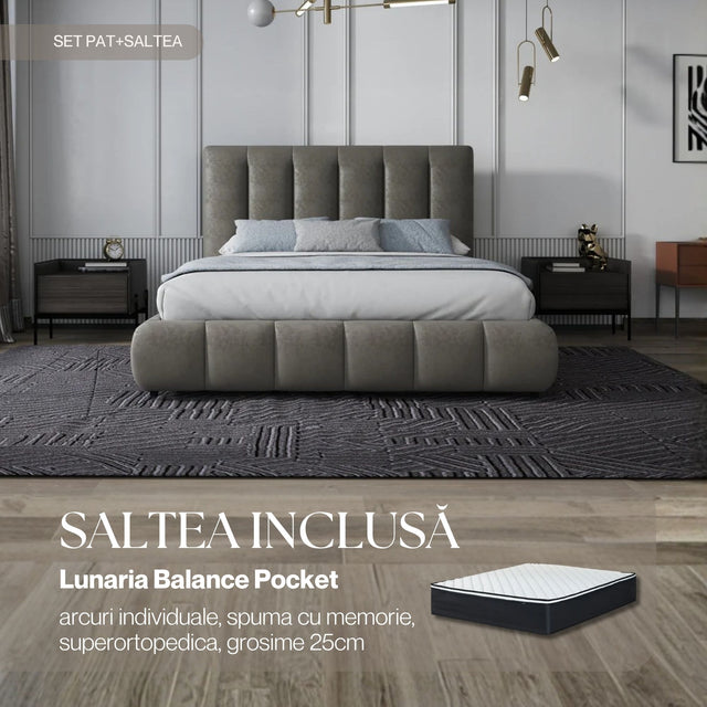 Set Pat dormitor dumonde, tapitat bej, Divaneo 140x200 cm, somiera rabatabila inclusa, spatiu depozitare + saltea lunaria balance pocket WLS