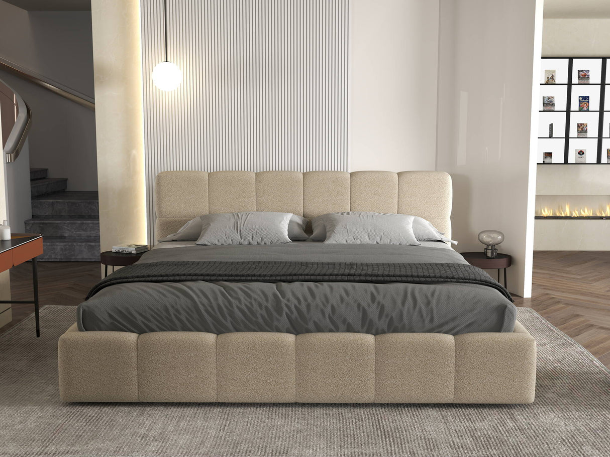 Set Pat dormitor dumonde, tapitat bej, Barcelona 140X200 cm, somiera rabatabila inclusa, spatiu depozitare + saltea