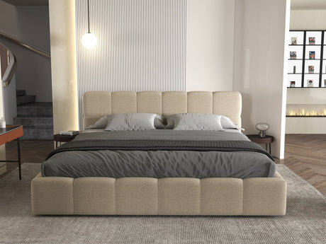 Set Pat dormitor dumonde, tapitat bej, Barcelona 140X200 cm, somiera rabatabila inclusa, spatiu depozitare + saltea