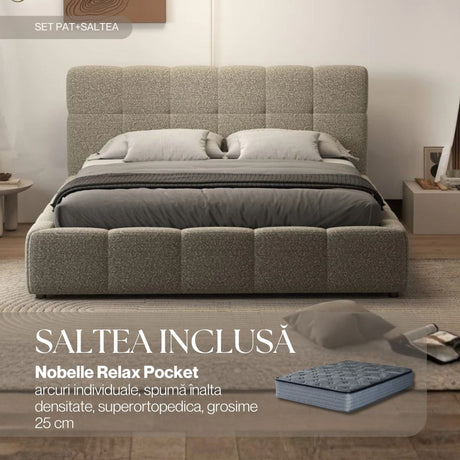 Set Pat dormitor dumonde, tapitat bej, Lorenzo 140x200 cm, somiera rabatabila inclusa, spatiu depozitare + saltea nobelle relax pocket Fabrica