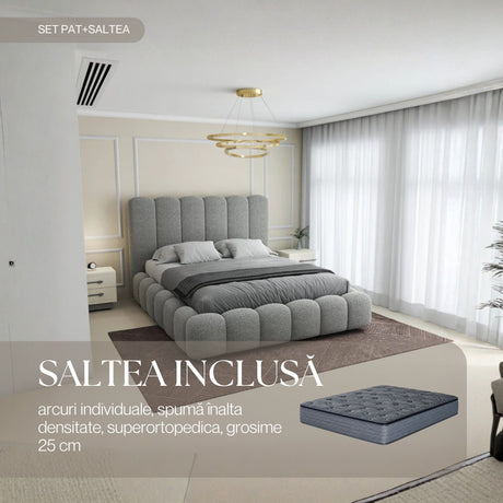 Set Pat dormitor dumonde, tapitat grey, Royal 160x200 cm, somiera rabatabila electric, spatiu depozitare + saltea