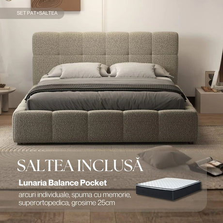Set Pat dormitor dumonde, tapitat bej, Lorenzo 140x200 cm, somiera rabatabila inclusa, spatiu depozitare + saltea lunaria balance pocket Fabrica