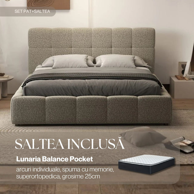 Set Pat dormitor dumonde, tapitat bej, Lorenzo 140x200 cm, somiera rabatabila inclusa, spatiu depozitare + saltea lunaria balance pocket Fabrica