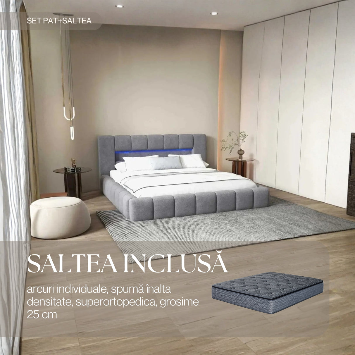 Set Pat dormitor dumonde, tapitat gri cu LED si USB, Palermo 140x200 cm, somiera rabatabila inclusa, spatiu depozitare + saltea