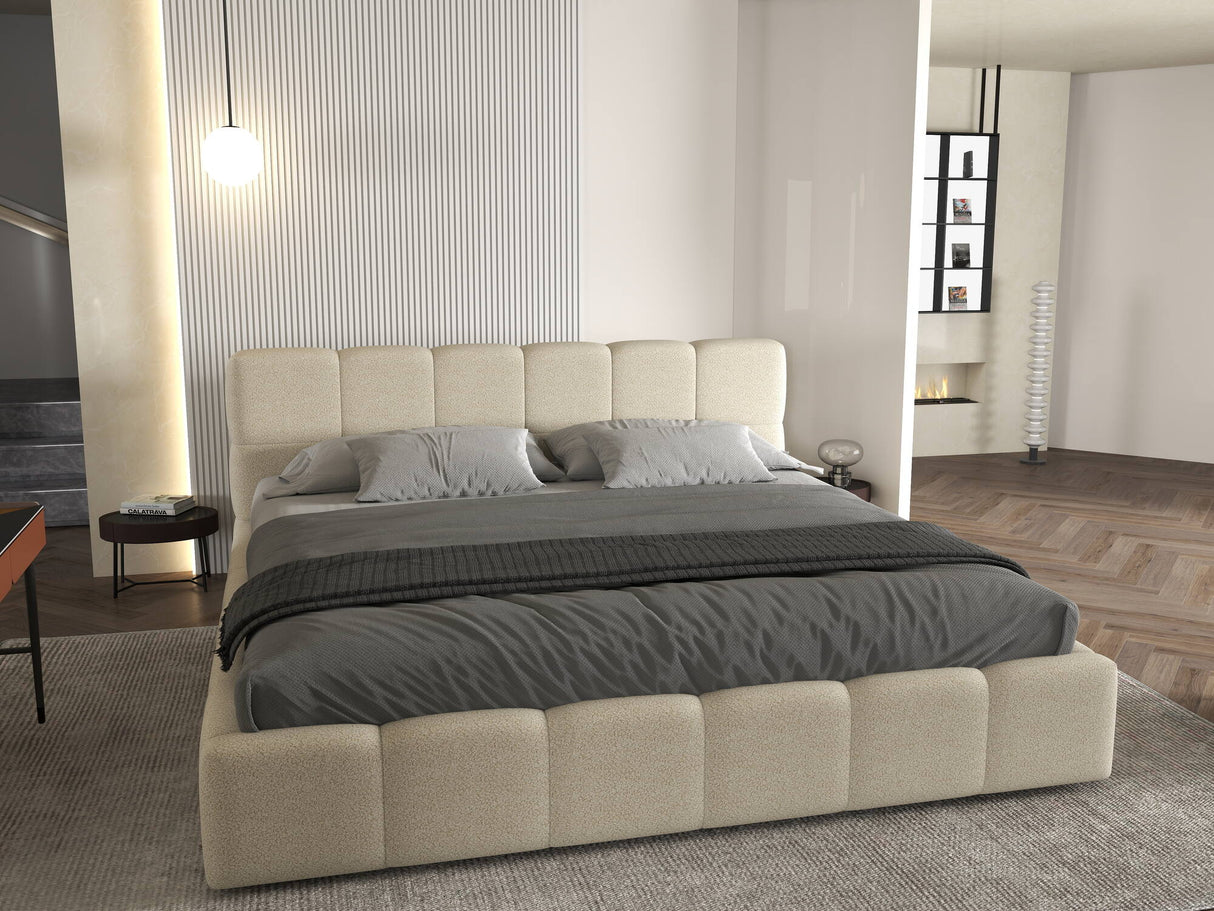 Set Pat dormitor dumonde, tapitat bej, Barcelona 140X200 cm, somiera rabatabila inclusa, spatiu depozitare + saltea