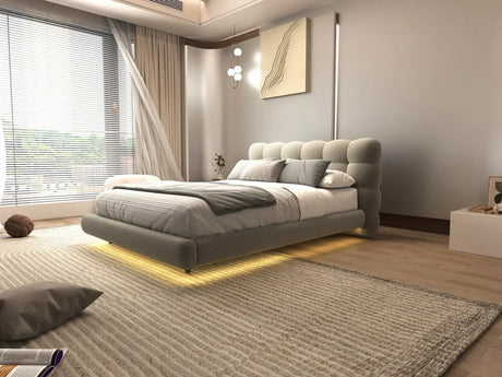 Pat dormitor dumonde, tapitat bej cu LED, "floating bed" Cloud 160x200 cm, somiera inclusa WLS
