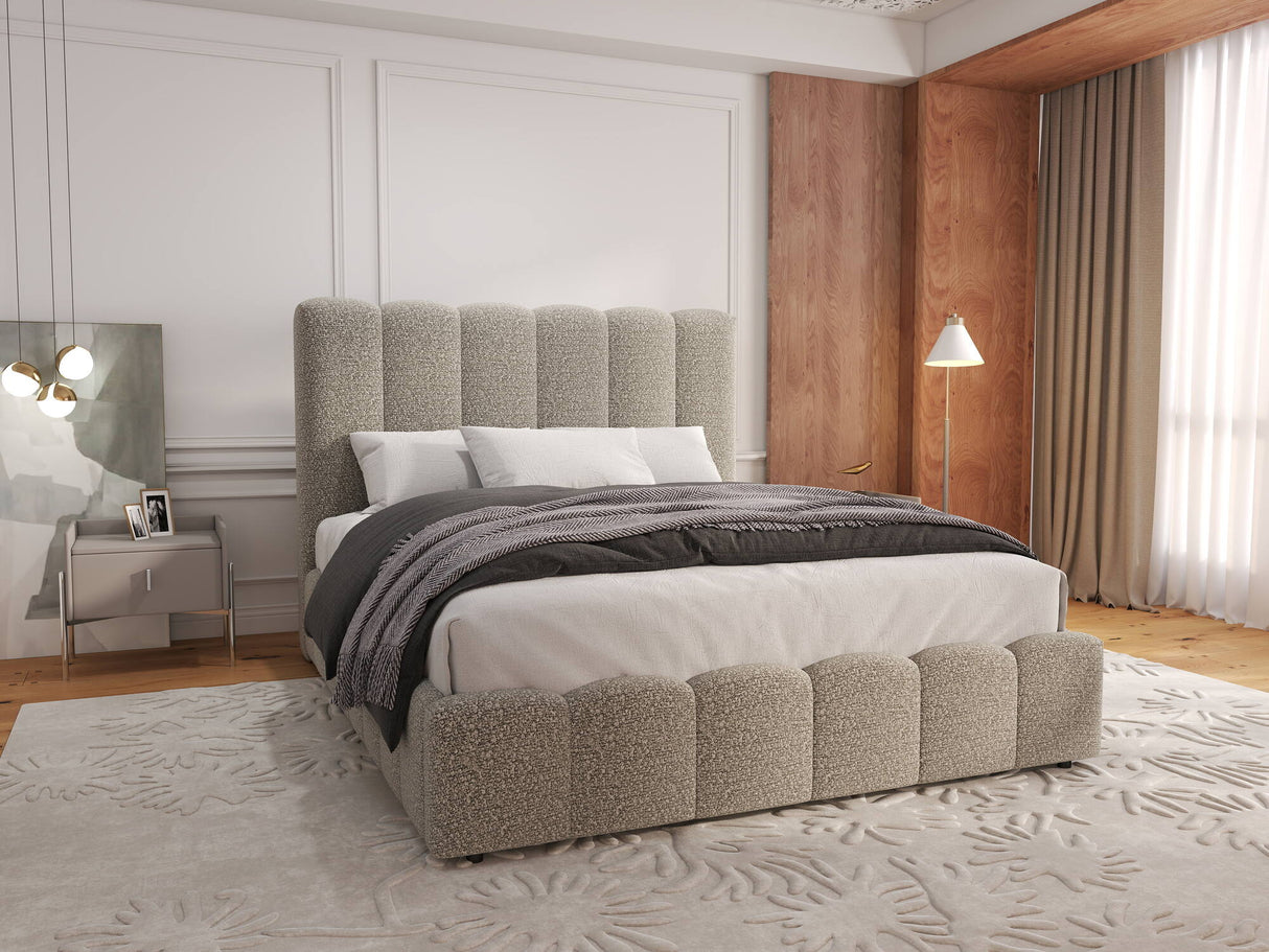 Pat dormitor dumonde, tapitat bej, Milano 160x200 cm, somiera rabatabila inclusa, spatiu depozitare