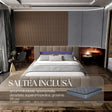 Set Pat dormitor dumonde, tapitat bej cu LED si USB, Palermo 140x200 cm, somiera rabatabila inclusa, spatiu depozitare + saltea