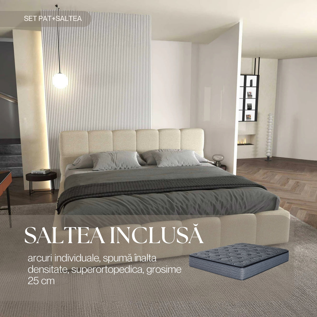Set Pat dormitor dumonde, tapitat bej, Barcelona 140X200 cm, somiera rabatabila inclusa, spatiu depozitare + saltea