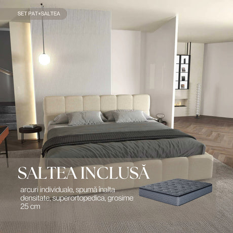 Set Pat dormitor dumonde, tapitat bej, Barcelona 140X200 cm, somiera rabatabila inclusa, spatiu depozitare + saltea