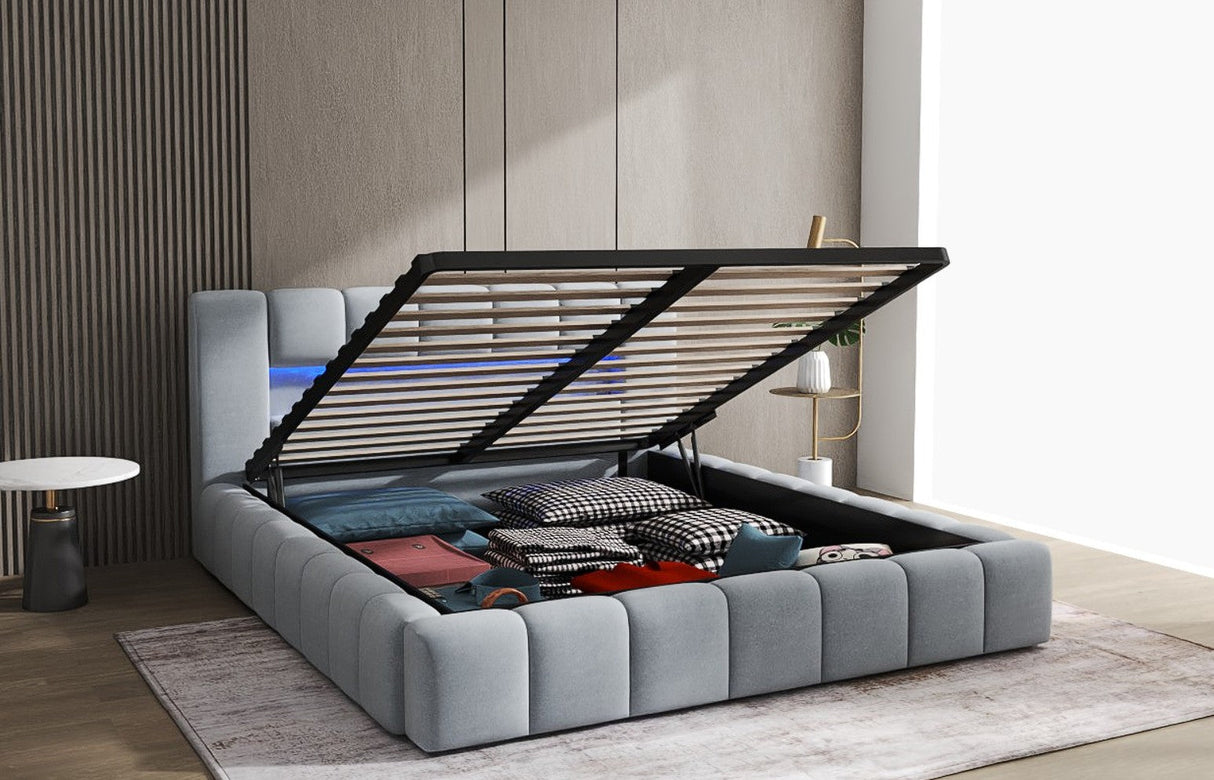 Pat dormitor dumonde, tapitat bej cu LED si USB, Palermo 160x200 cm, somiera rabatabila inclusa, spatiu depozitare