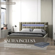 Set Pat dormitor dumonde, tapitat bej, Glow 180x200 cm, somiera rabatabila inclusa, spatiu depozitare + saltea