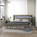 Set Pat dormitor dumonde, tapitat bej, Glow 160x200 cm, somiera rabatabila inclusa, spatiu depozitare + saltea