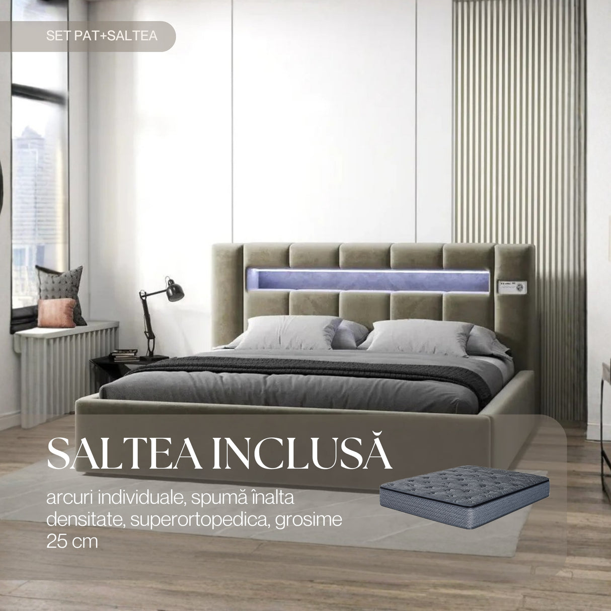 Set Pat dormitor dumonde, tapitat bej, Glow 160x200 cm, somiera rabatabila inclusa, spatiu depozitare + saltea