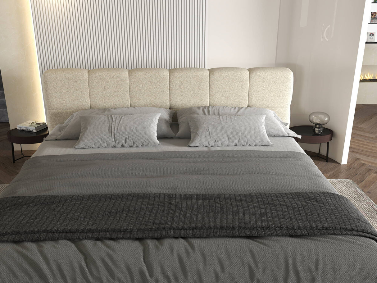 Set Pat dormitor dumonde, tapitat bej, Barcelona 140X200 cm, somiera rabatabila inclusa, spatiu depozitare + saltea