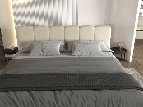 Set Pat dormitor dumonde, tapitat bej, Barcelona 140X200 cm, somiera rabatabila inclusa, spatiu depozitare + saltea