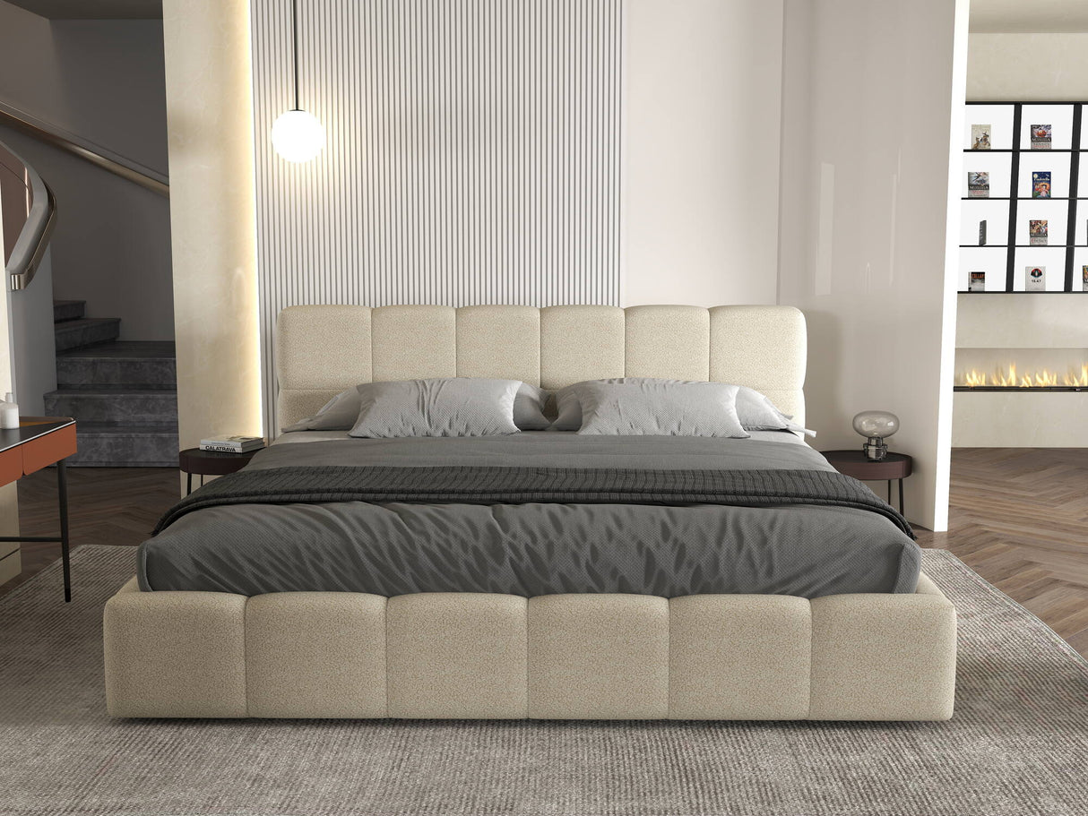 Set Pat dormitor dumonde, tapitat bej, Barcelona 140X200 cm, somiera rabatabila inclusa, spatiu depozitare + saltea
