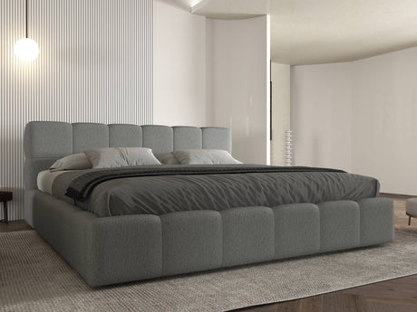 Set Pat dormitor dumonde, tapitat gri, Barcelona 180X200 cm, somiera rabatabila inclusa, spatiu depozitare + saltea