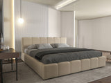 Set Pat dormitor dumonde, tapitat bej, Barcelona 140X200 cm, somiera rabatabila inclusa, spatiu depozitare + saltea
