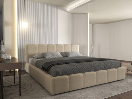 Set Pat dormitor dumonde, tapitat bej, Barcelona 140X200 cm, somiera rabatabila inclusa, spatiu depozitare + saltea