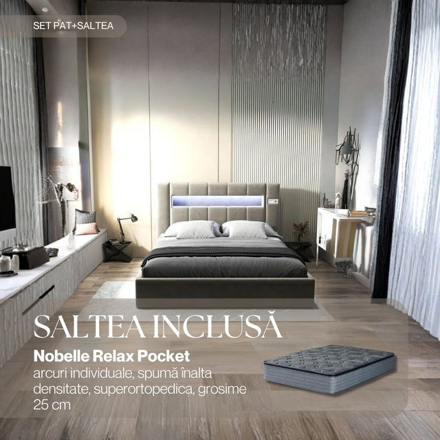 Set Pat dormitor dumonde, tapitat bej, Glow 180x200 cm, somiera rabatabila inclusa, spatiu depozitare + saltea nobelle relax pocket WLS