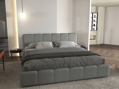 Set Pat dormitor dumonde, tapitat gri, Barcelona 180X200 cm, somiera rabatabila inclusa, spatiu depozitare + saltea