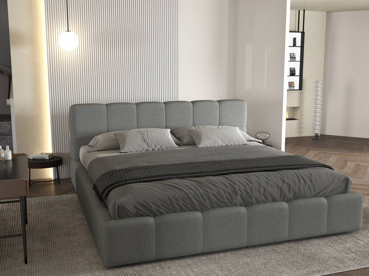 Set Pat dormitor dumonde, tapitat gri, Barcelona 180X200 cm, somiera rabatabila inclusa, spatiu depozitare + saltea