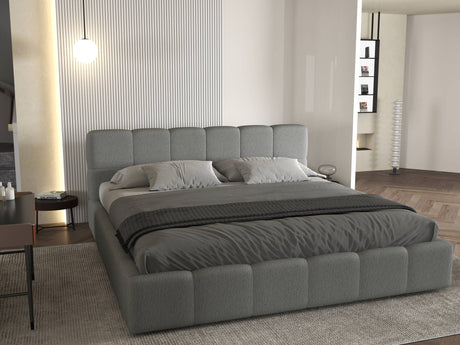 Set Pat dormitor dumonde, tapitat gri, Barcelona 180X200 cm, somiera rabatabila inclusa, spatiu depozitare + saltea
