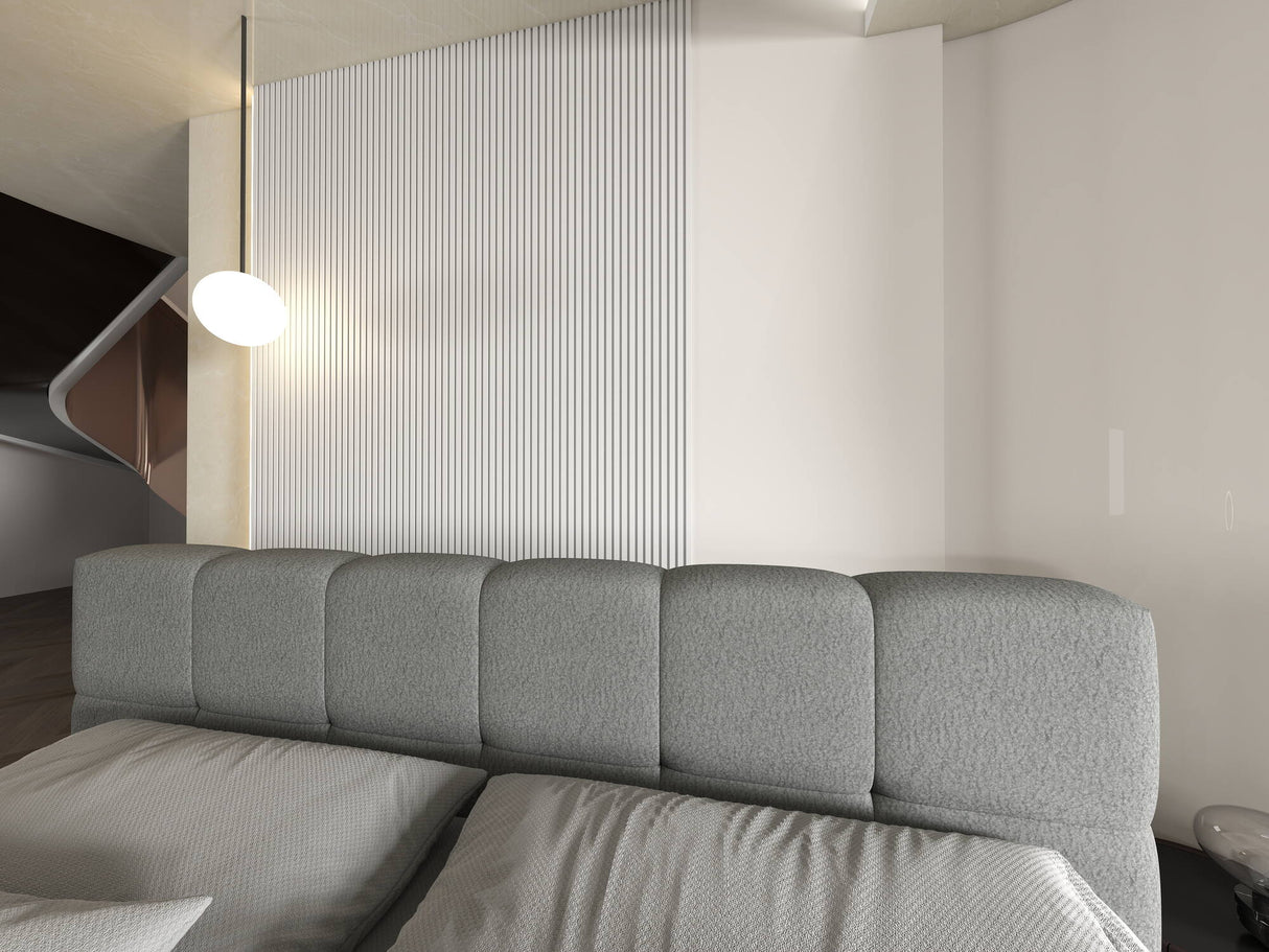Set Pat dormitor dumonde, tapitat gri, Barcelona 180X200 cm, somiera rabatabila inclusa, spatiu depozitare + saltea