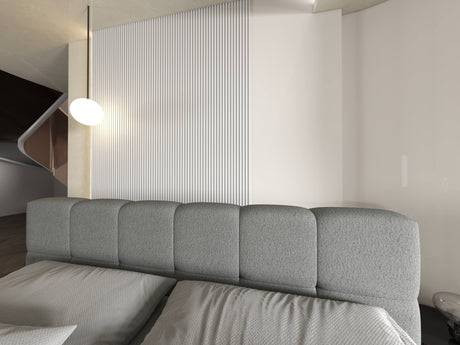 Set Pat dormitor dumonde, tapitat gri, Barcelona 180X200 cm, somiera rabatabila inclusa, spatiu depozitare + saltea