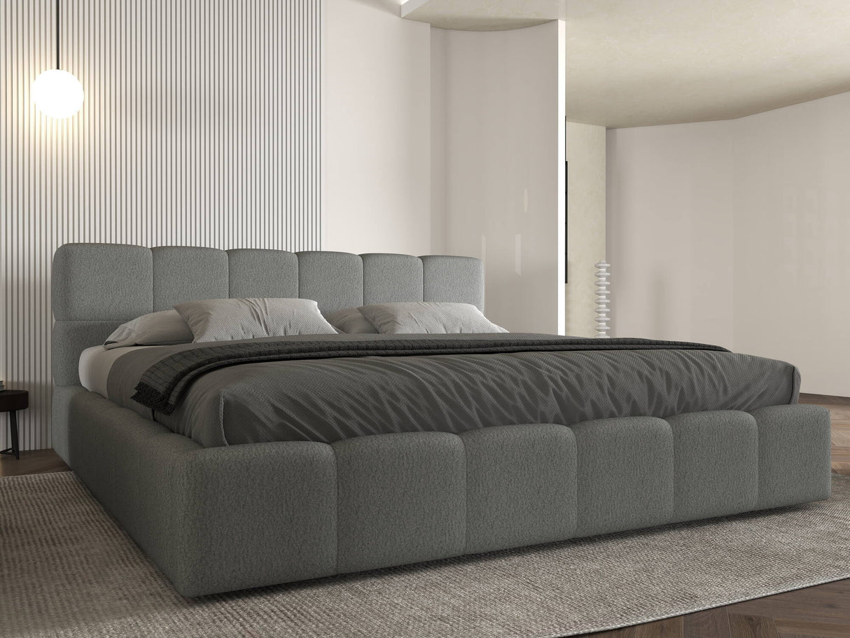 Set Pat dormitor dumonde, tapitat gri, Barcelona 180X200 cm, somiera rabatabila inclusa, spatiu depozitare + saltea