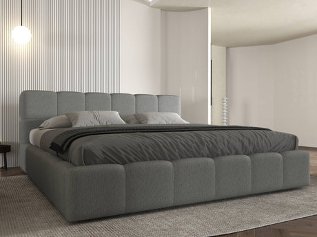 Set Pat dormitor dumonde, tapitat gri, Barcelona 180X200 cm, somiera rabatabila inclusa, spatiu depozitare + saltea