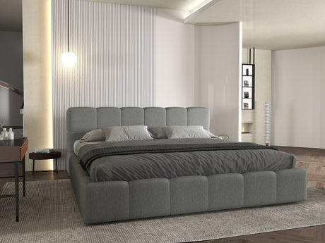Set Pat dormitor dumonde, tapitat gri, Barcelona 180X200 cm, somiera rabatabila inclusa, spatiu depozitare + saltea
