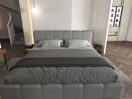 Set Pat dormitor dumonde, tapitat gri, Barcelona 180X200 cm, somiera rabatabila inclusa, spatiu depozitare + saltea