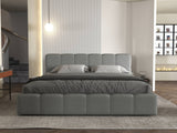 Set Pat dormitor dumonde, tapitat gri, Barcelona 180X200 cm, somiera rabatabila inclusa, spatiu depozitare + saltea