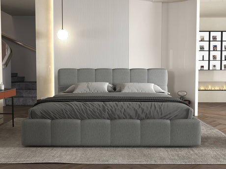 Set Pat dormitor dumonde, tapitat gri, Barcelona 180X200 cm, somiera rabatabila inclusa, spatiu depozitare + saltea